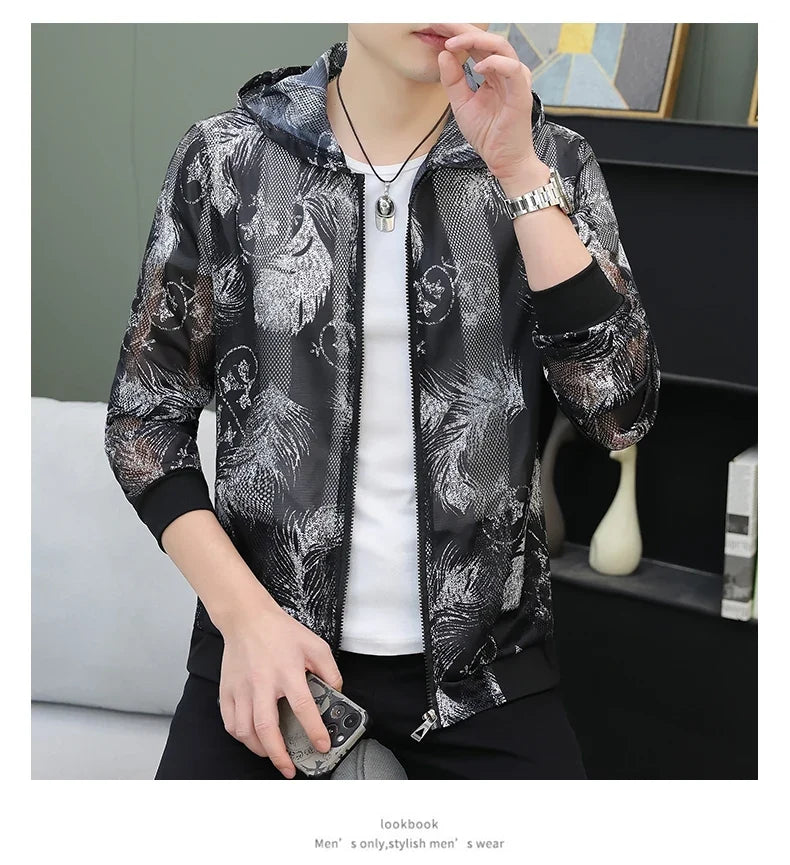 Men's Summer Mesh Sun Protection Clothing Trendy Stripe Print Ice Silk Cool Feeling Breathable Quick Dry Hooded Jacket