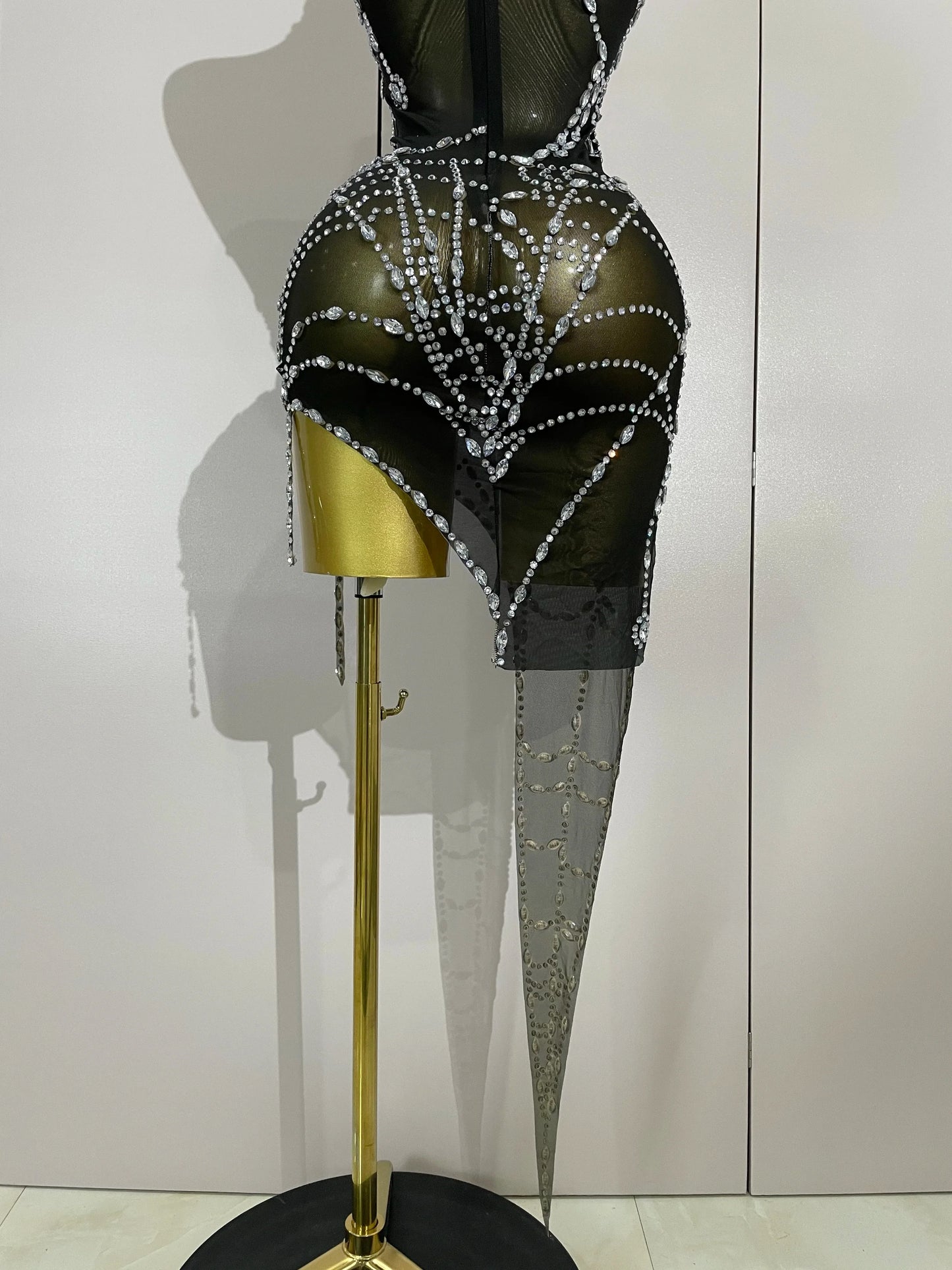 STOCK Sparkly Diamond Sexy Mesh Asymmetric Bodycon Mini Dress Women Nightclub Bar Party Show Gogo Dancer Clothing Stage Costume