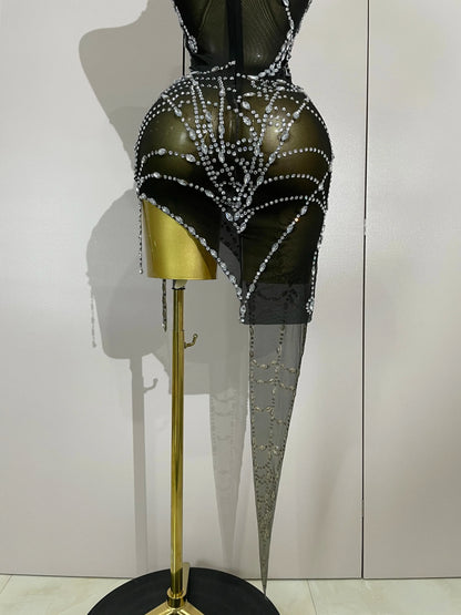 STOCK Sparkly Diamond Sexy Mesh Asymmetric Bodycon Mini Dress Women Nightclub Bar Party Show Gogo Dancer Clothing Stage Costume