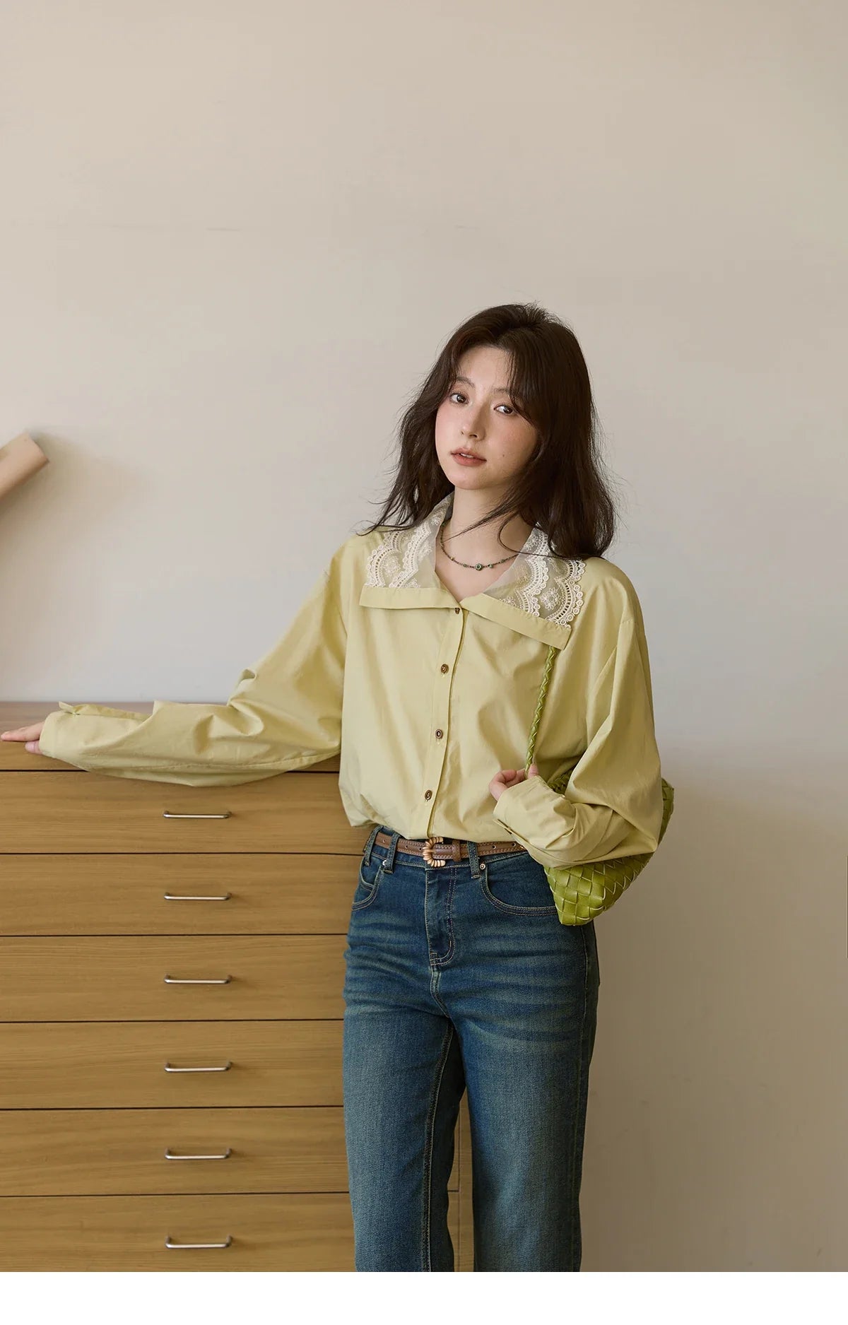 Autumn Solid Cotton Shirt Autumn V-neck Double-layer Lace Retro Design Shirts Single Breasted Tops Office Lady MXE41C2366