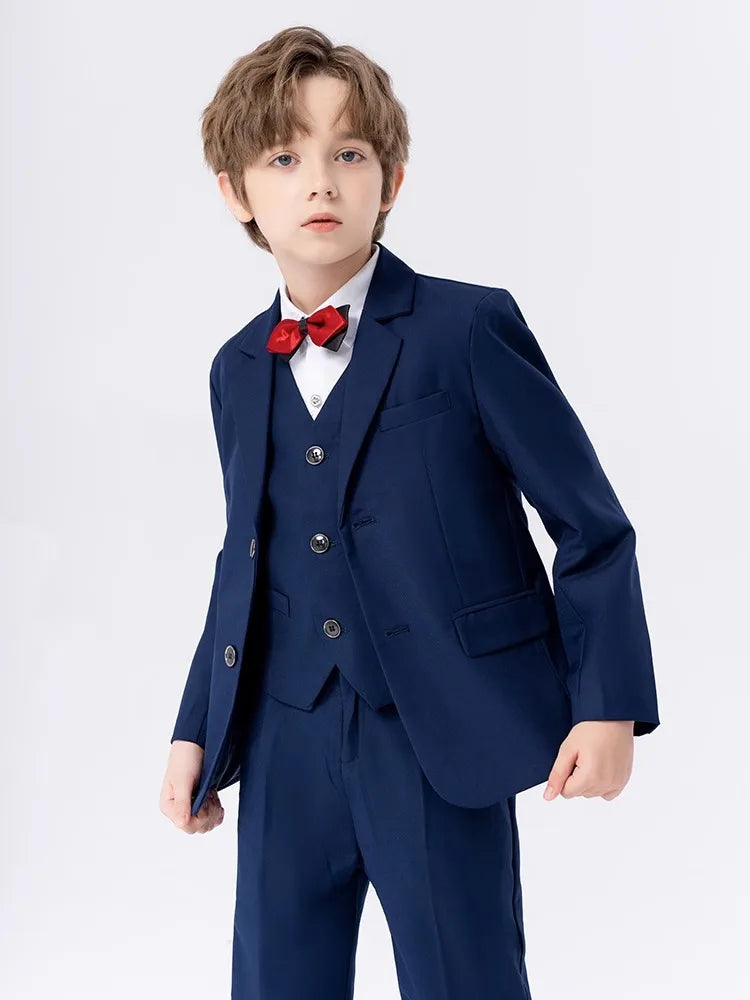 Boys Navy Blue Suit For Wedding Teenager Kids Formal Ceremony Tuxedo Dress Children Photograph Blazer Party Performance Costume