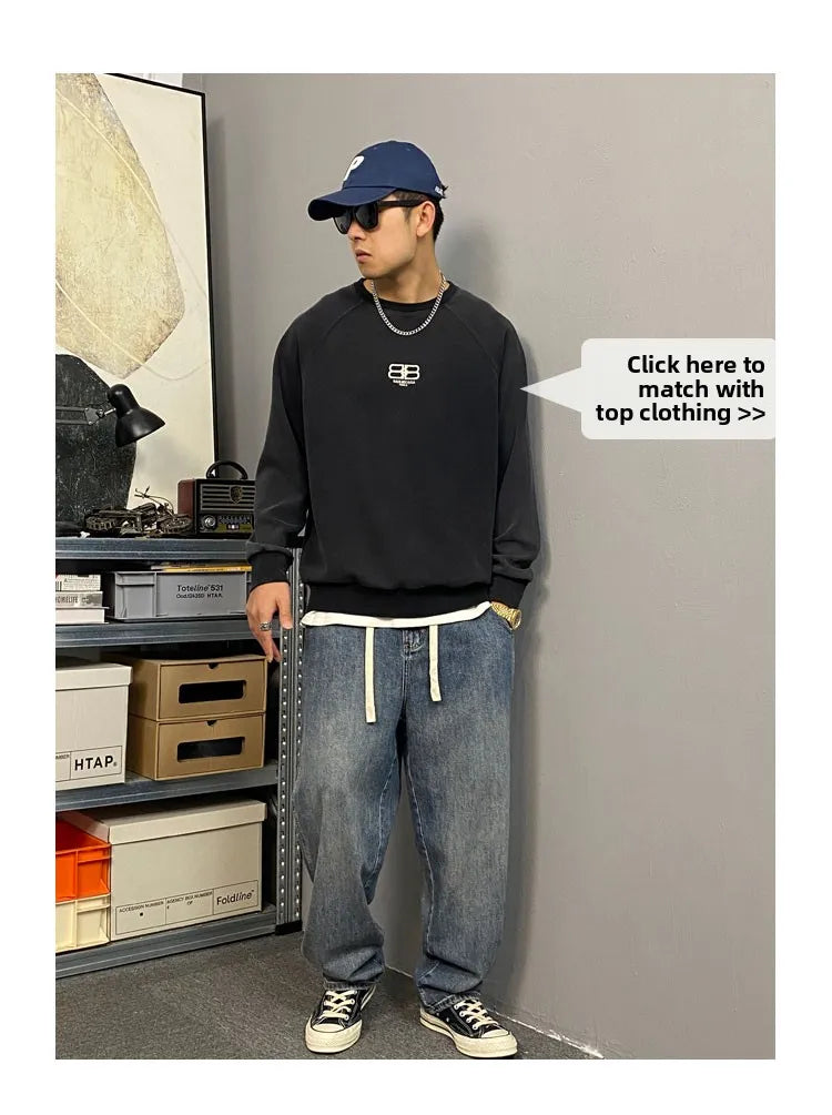 American Style Casual Faded Loose Straight Leg Jeans for Men Spring Autumn Wear Comfortable Wide Leg Pants Youth Fashion