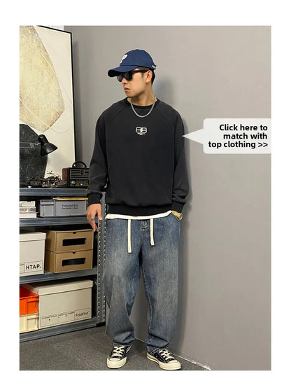 American Style Casual Faded Loose Straight Leg Jeans for Men Spring Autumn Wear Comfortable Wide Leg Pants Youth Fashion