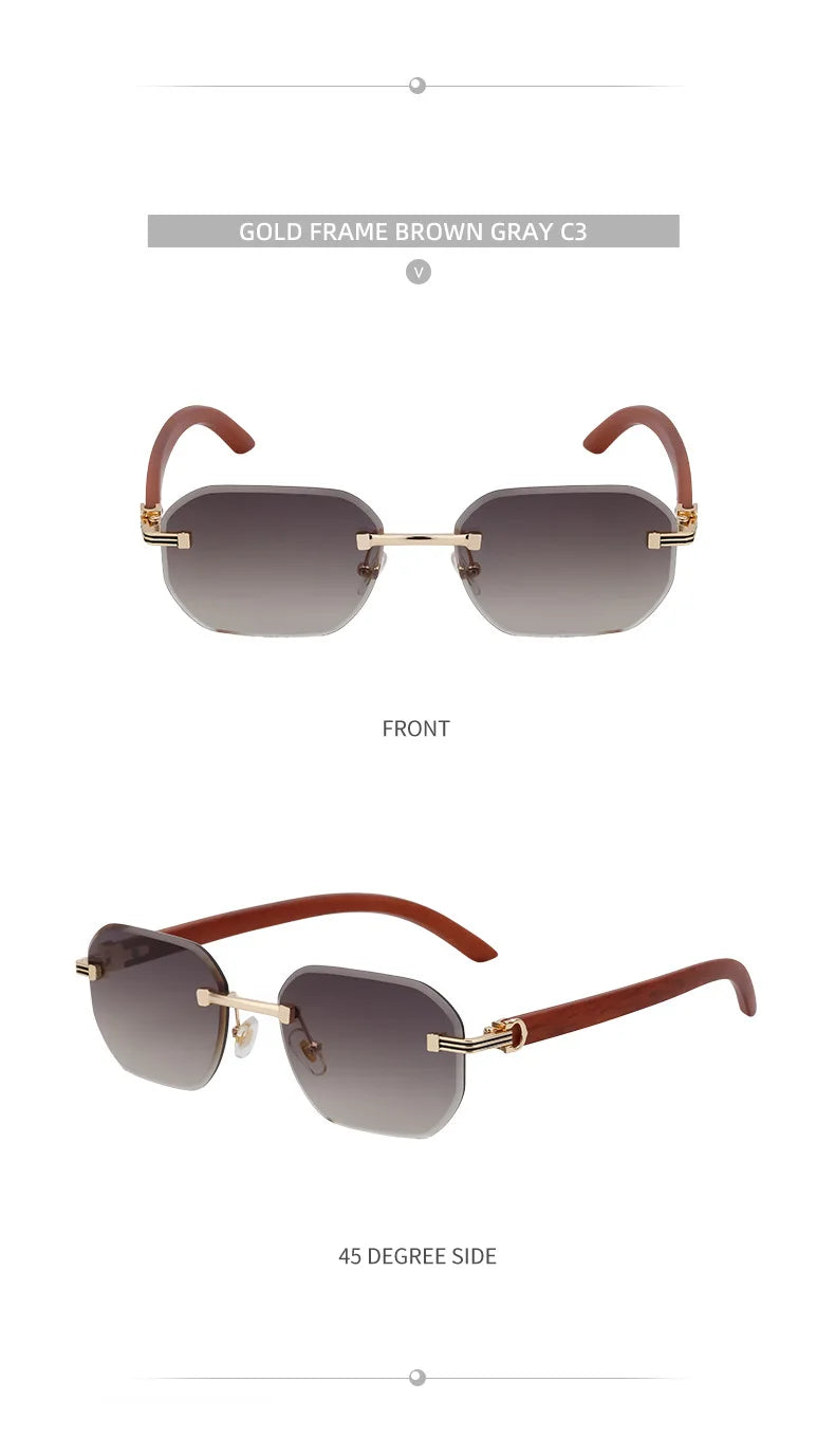 2026 Wooden Rimless Sunglasses Women Trendy Vacation Sunscreen Square Sunglass Men Luxury Vintage Retro Fashion Glasses Occhiali