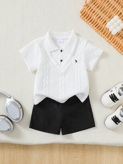 Baby Boy Gentleman 2-Piece Set: Knitted Silk Cotton Texture Polo Shirt & Elastic Waist Shorts, Comfortable for Spring Summer