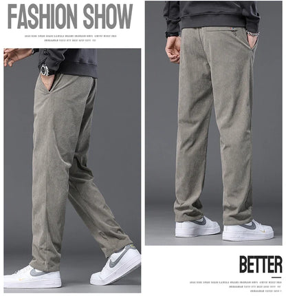 Straight Corduroy Classic Male Pants Khaki Black Gray Baggy Fashion Elastic Waist Trousers Soft Stretchy Casual Men's Clothing