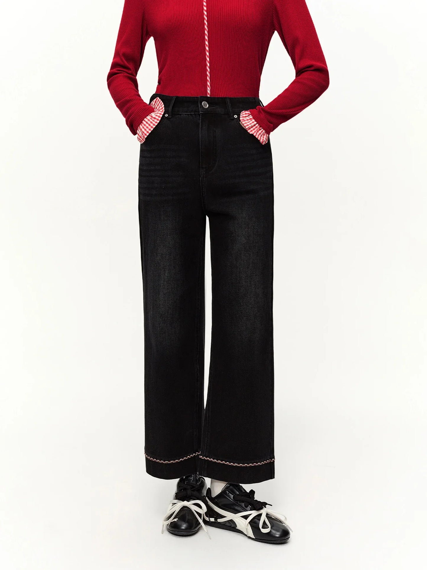 Double-length Jeans Women High-waisted Slim-fit Classic Straight Pants High Waist Elegant Office Lady Spring Trendy