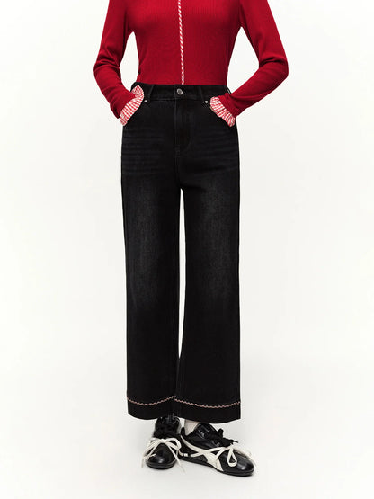 Double-length Jeans Women High-waisted Slim-fit Classic Straight Pants High Waist Elegant Office Lady Spring Trendy