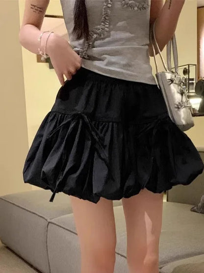 Sweet  Knot Puffy A-Line  Skirt Women's Summer Polyester Fiber High Waist Flower Bud Skirt Casual Sle