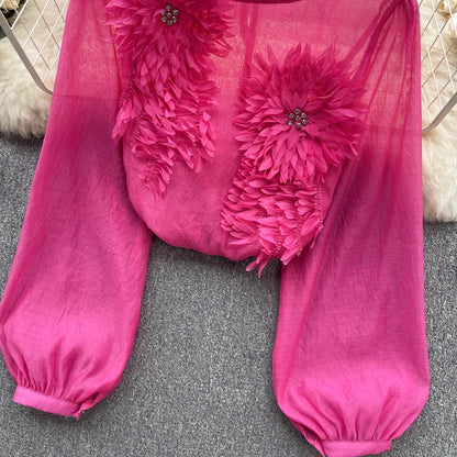 Spring Loose Satin Blouse Women O Neck Long Sleeves Sheer Bohemian Top 2024 Transparent 3D Floral Casual Shirt
