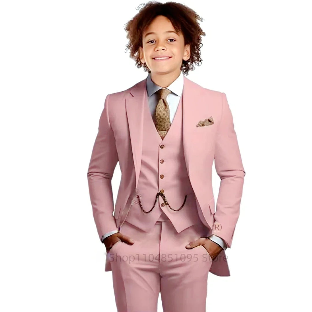 Khaki Boys Suit 3 Piece Groom Tuxedo Notch Lapel Jacket Pants Vest Wedding Party Birthday Gift Kids Slim Fit Blazer Child Suits