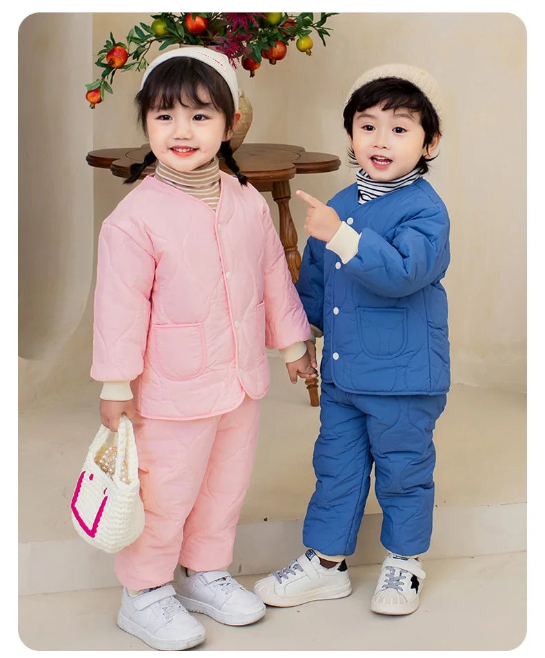 Autumn Winter Baby Kids Jackets+Pants Sets Thicken Boys Girls Coat Trousers Warm Windproof Clothes Suit For Children Home Wear