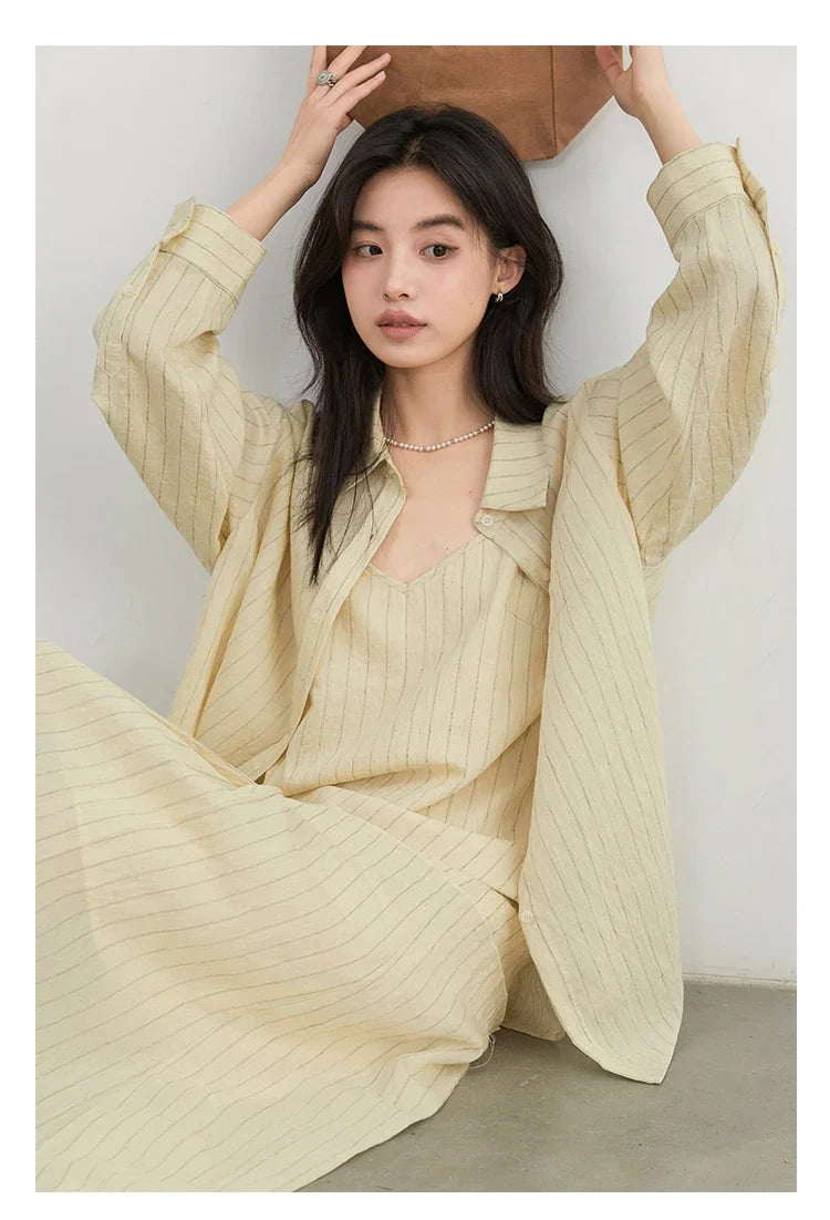 Women Dress Sets Stripe Shirt Loose Casual Long Sleeve Sunscreen Blouses Camisole V-neck Dresses Spring Autumn 2025