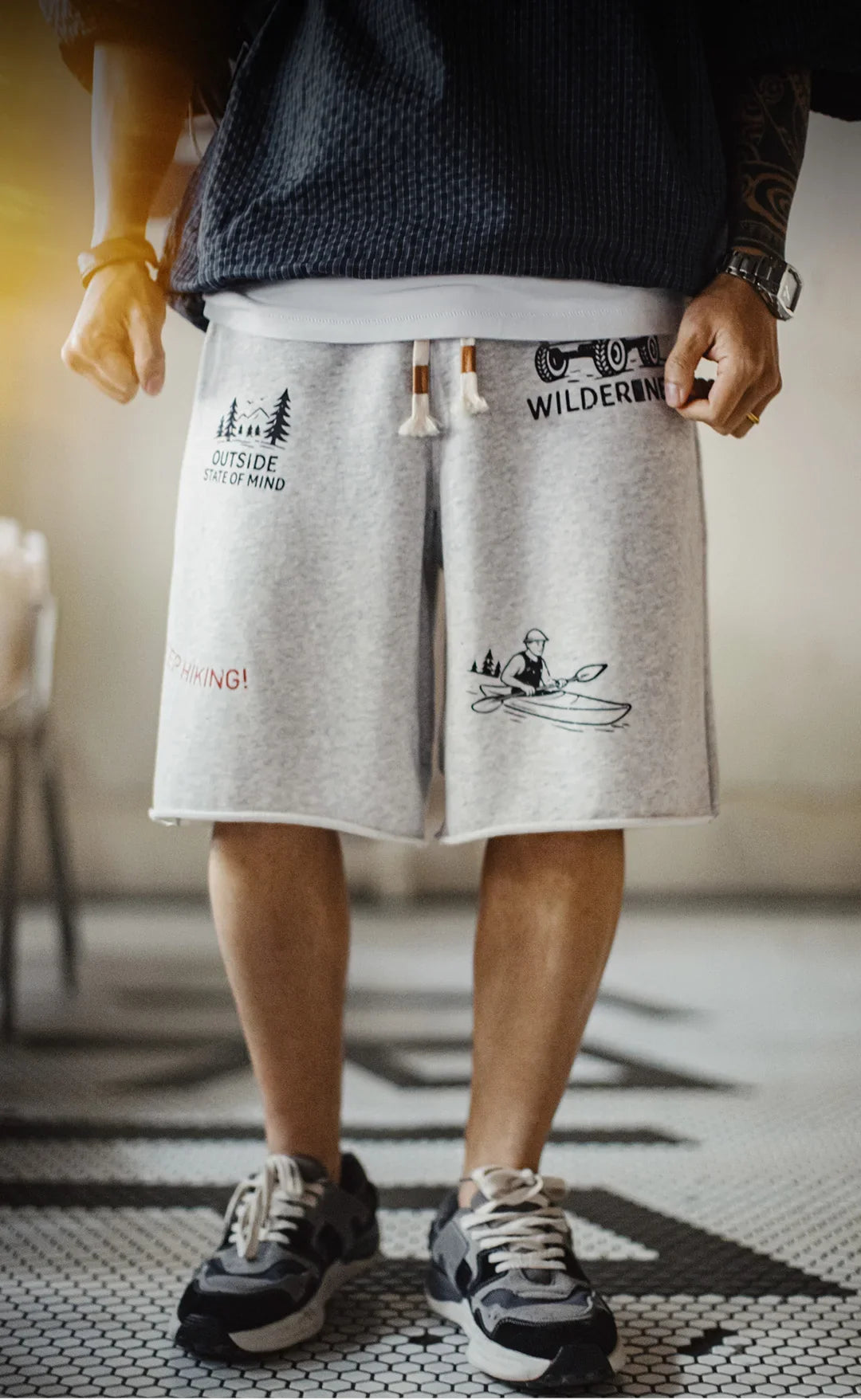 Summer Men's Shorts Retro Print Loose Sport Shorts Elastic Waist Casual Shorts American Knitted Knee-Length Short