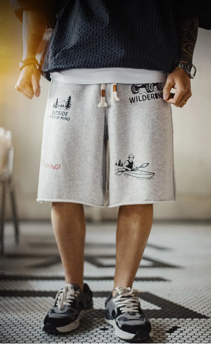 Summer Men's Shorts Retro Print Loose Sport Shorts Elastic Waist Casual Shorts American Knitted Knee-Length Short