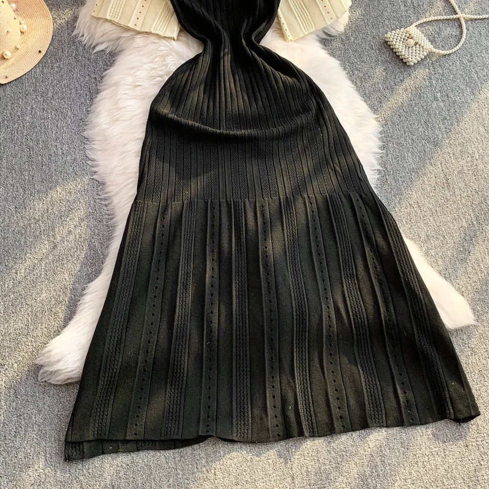 Women Dress 2026 Spring and Summer Elegant Patchwork One-Piece Knitted Maxi Dress Office Lady Slim Waist Sweater Dress