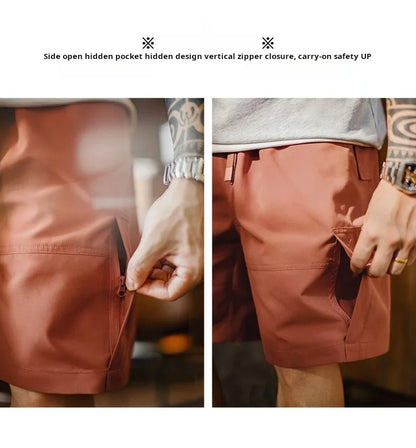 Men's Outdoor Casual Cargo Shorts Elastic Waist Drawstring Shorts with Reflective Strip and Multiple Pockets Loose Bottoms