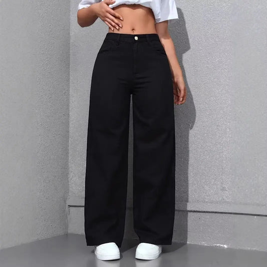 Fashion Solid Color High-Waisted Straight-Leg Jeans Women Loose Pockets Jeans Suitable Daily Casual Jean