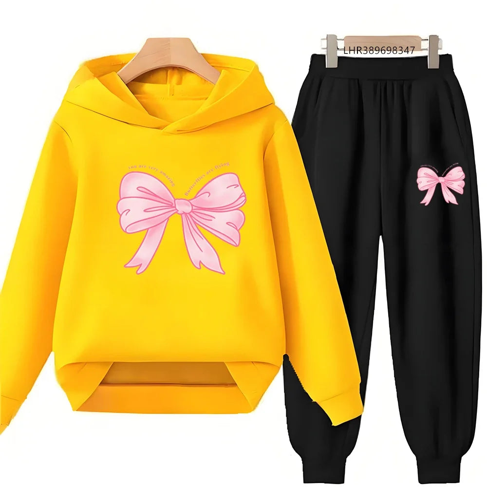 Fashion Kids Clothes Bow Print Children Hoodie 3-12 Years Boys Girls Red Pink Casual Tops+Pants Sets Long Sleeves Autumn