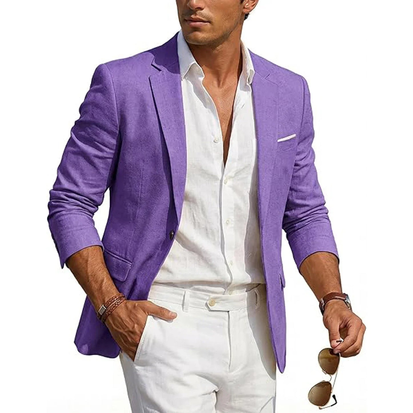 Men's Casual Linen Blazer Slim Fit Formal Business Lightweight One Button Suit Jacket for Spring/Summer Beach Wedding Sport Coat