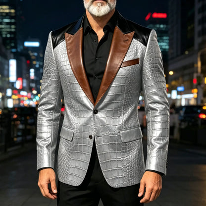 Men's Crocodile Embossed Leather Blazer Luxury Patchwork PU Leather Suit Jacket Slim Fit Peaked Lapel Casual Business Outerwear