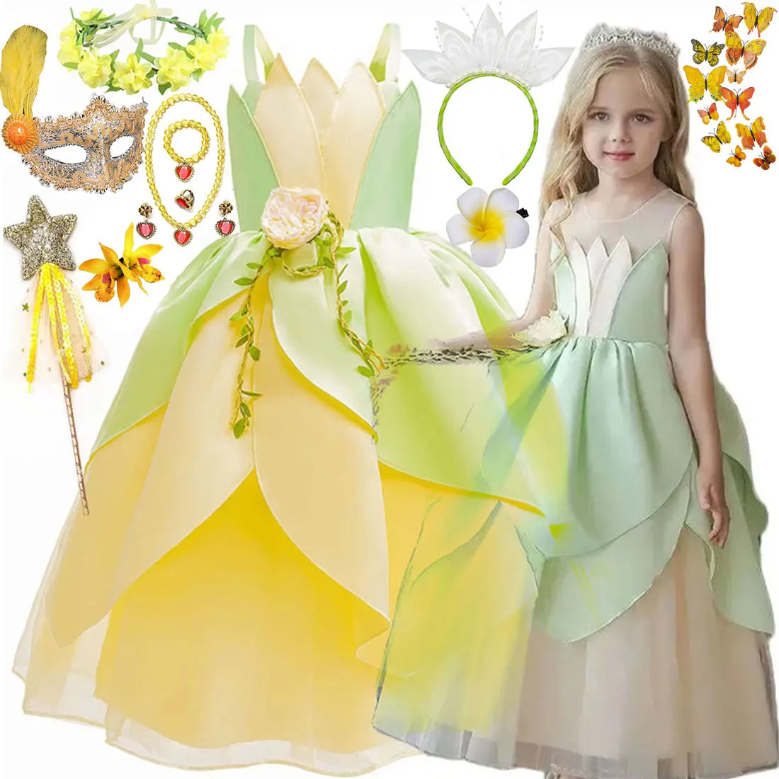 Girls Cosplay Tiana Yellow Short-Sleeved Fluffy Princess Dress For Girl Birthday Party Princess Dress With Accessories