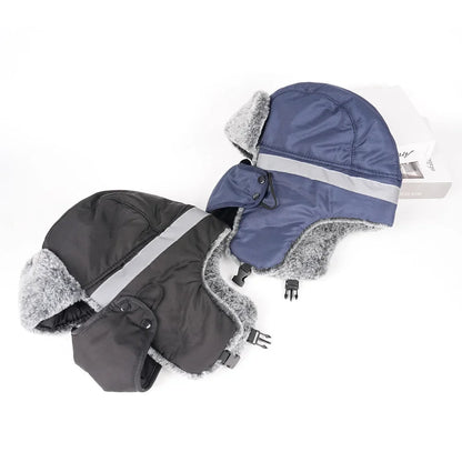 Men's Outdoor Fleece-Lined Thick Warm Reflective Strip Lei Feng Hat with Removable Mask Ear Flap Bomber Hat Winter Pilot Cap