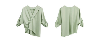 Women's Blouse 2026 Summer New V-Neck Asymmetric Pleated Mid Sleeve Shirt Relaxed Fit Office Casual Top For Women 12622117