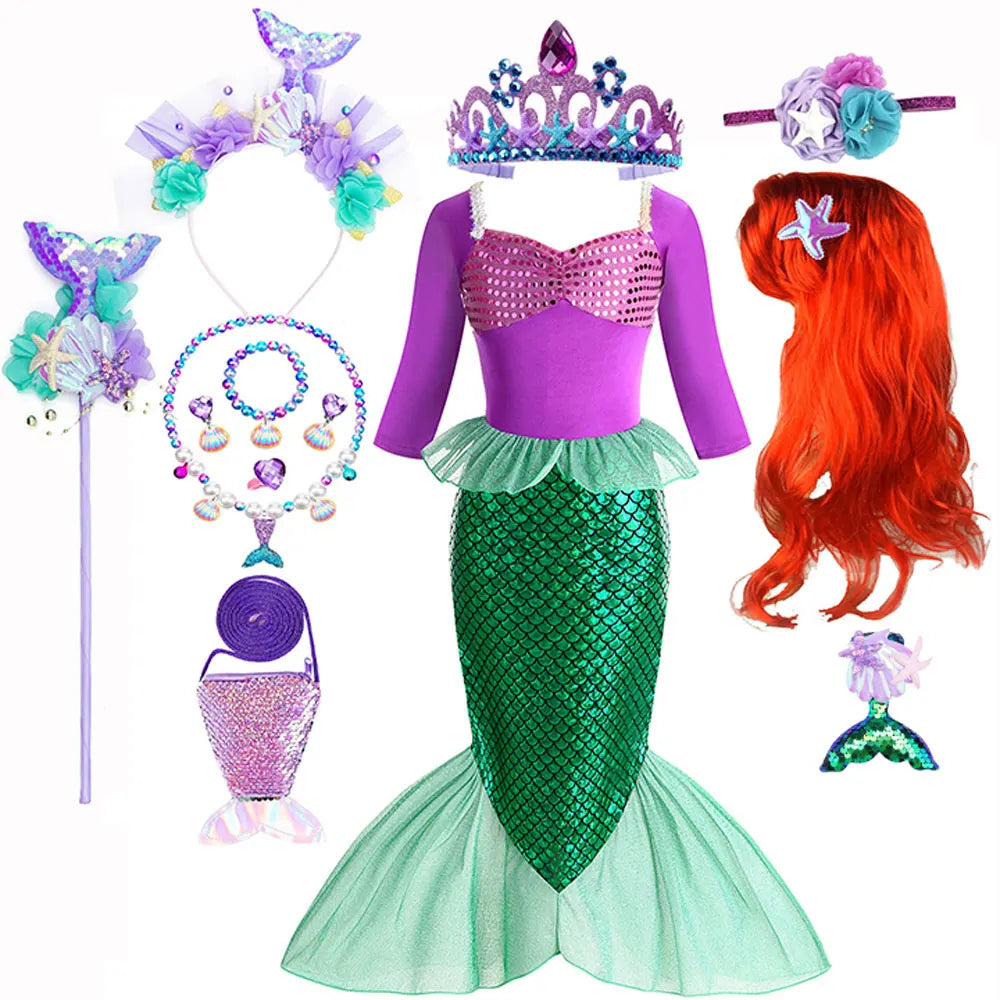 Christmas Holiday Birthday Party Mermaid Princess Same Style Girl Ariel Cosplay Long Sleeve Mermaid Dress Accessory Suit