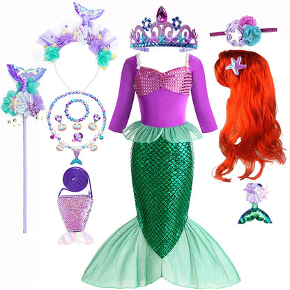Christmas Holiday Birthday Party Mermaid Princess Same Style Girl Ariel Cosplay Long Sleeve Mermaid Dress Accessory Suit