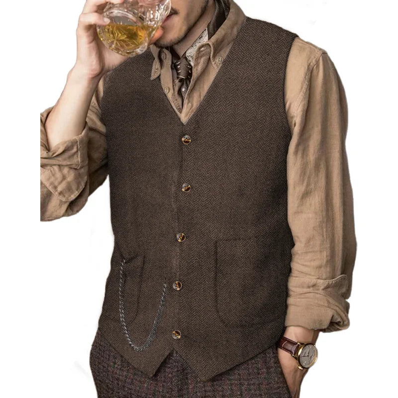 Men Vest Coffee Herringbone Solid Single Breasted Waistcoat For Wedding Business Banquet Party Work Daily Casual Men Suit Vest