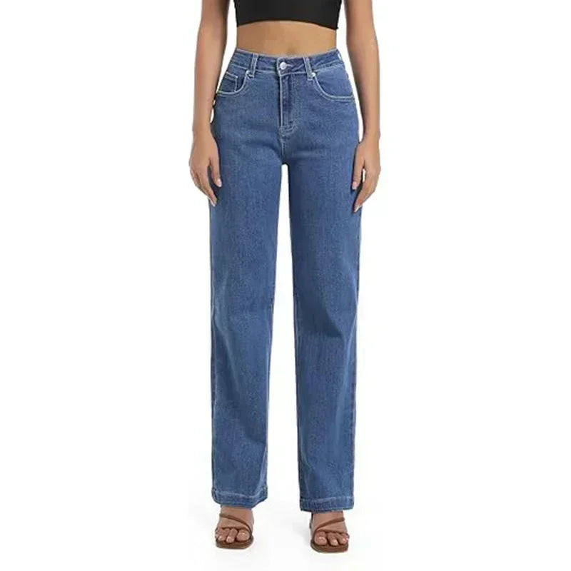 Female Retro Casual Baggy Straight Leg Jeans Women Stretch Classic Gray Denim Pants Lady Solid Cheap Fashion Trousers