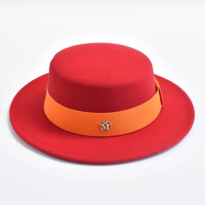 British Style Fedora Hats for Women Fashion Autumn Winter Flat Top Bow Elastic Ribbon Felt Hats Wedding Dress Jazz Cap