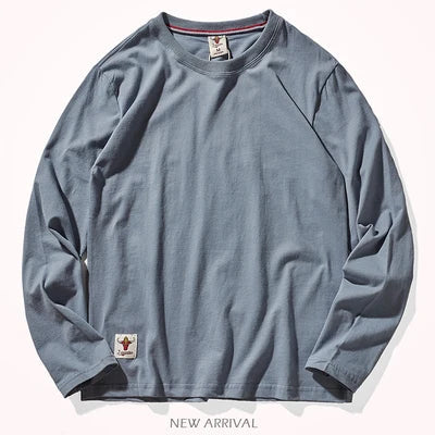 Autumn American Retro Long Sleeve O-neck Solid Color T-shirt Men's Fashion Simple 100% Cotton Washed Old Casual Bottoming Tops