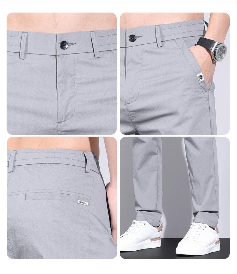 Ultra-thin Elastic Men's Casual Pants 2024 Summer Ice Silk Cotton Fashion Slim Straight Business Trousers Black Gray Khaki