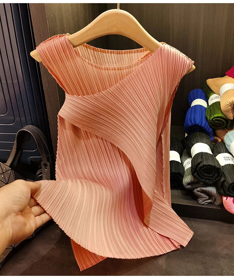 Sleeveless T-shirt Miyake Pleated Summer New Round Neck Slim Thin Versatile Irregular Women's Undershirt Tops Multiple Ways Wear