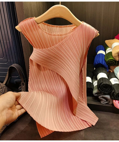 Sleeveless T-shirt Miyake Pleated Summer New Round Neck Slim Thin Versatile Irregular Women's Undershirt Tops Multiple Ways Wear