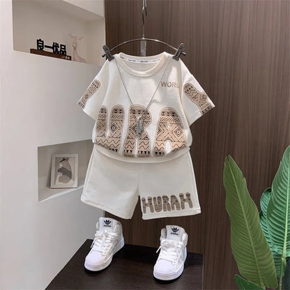 Summer Boys Cotton Leisure Print Alphabet T-Shirt+Shorts Pant Set School Kids 2PCS Tracksuit Children Sportswear Outfit 5-16 Yrs