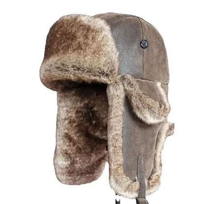 1 Piece Men Women Winter Ushanka Hats Russian Bomber Hat with Ear Flap Pu Leather Faux Fur Trapper Cap Snow Hunting Skiing Cap