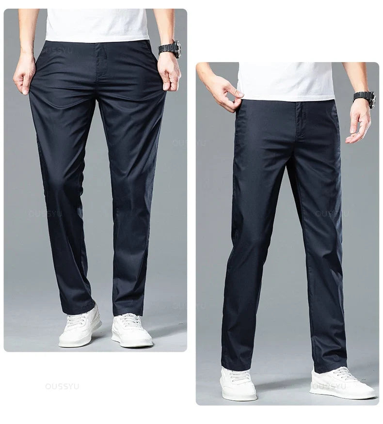 New Summer Cosy Soft Bamboo Fiber Straight Suit Pants Men Business Stretch Thin Navy Blue Casual Trousers Male Large Size 40 42