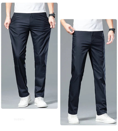 New Summer Cosy Soft Bamboo Fiber Straight Suit Pants Men Business Stretch Thin Navy Blue Casual Trousers Male Large Size 40 42