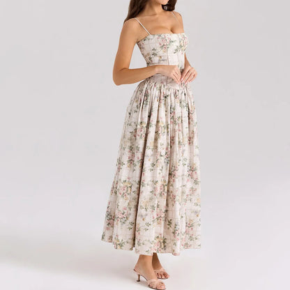 Summer Print Strappy Long Dress A-line Casual Beach Vacation Dress for Women
