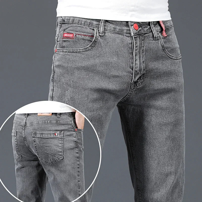 2025 New Men's Cotton Business Casual Skinny Jeans Trendy Fashionable Stretch Straight Slim Denim Trousers Male Blue Grey