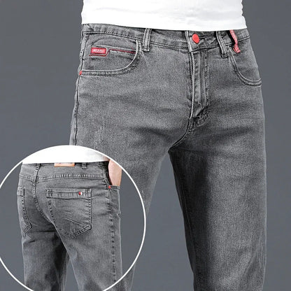2025 New Men's Cotton Business Casual Skinny Jeans Trendy Fashionable Stretch Straight Slim Denim Trousers Male Blue Grey