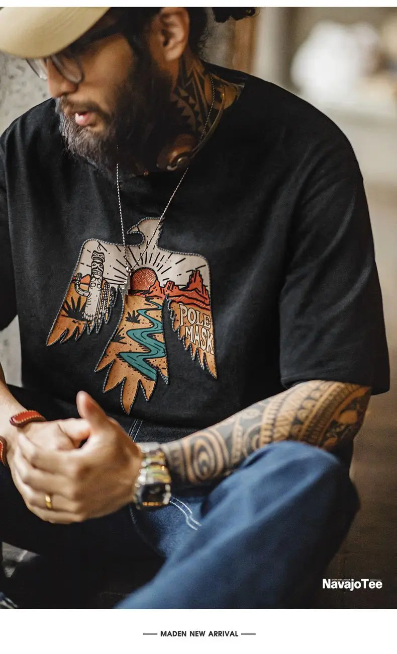 Vintage Style Thunderbird Print T-Shirt Men's Summer Heavyweight Embroidered Short Sleeve Tee Navajo Crew Neck Street Tops