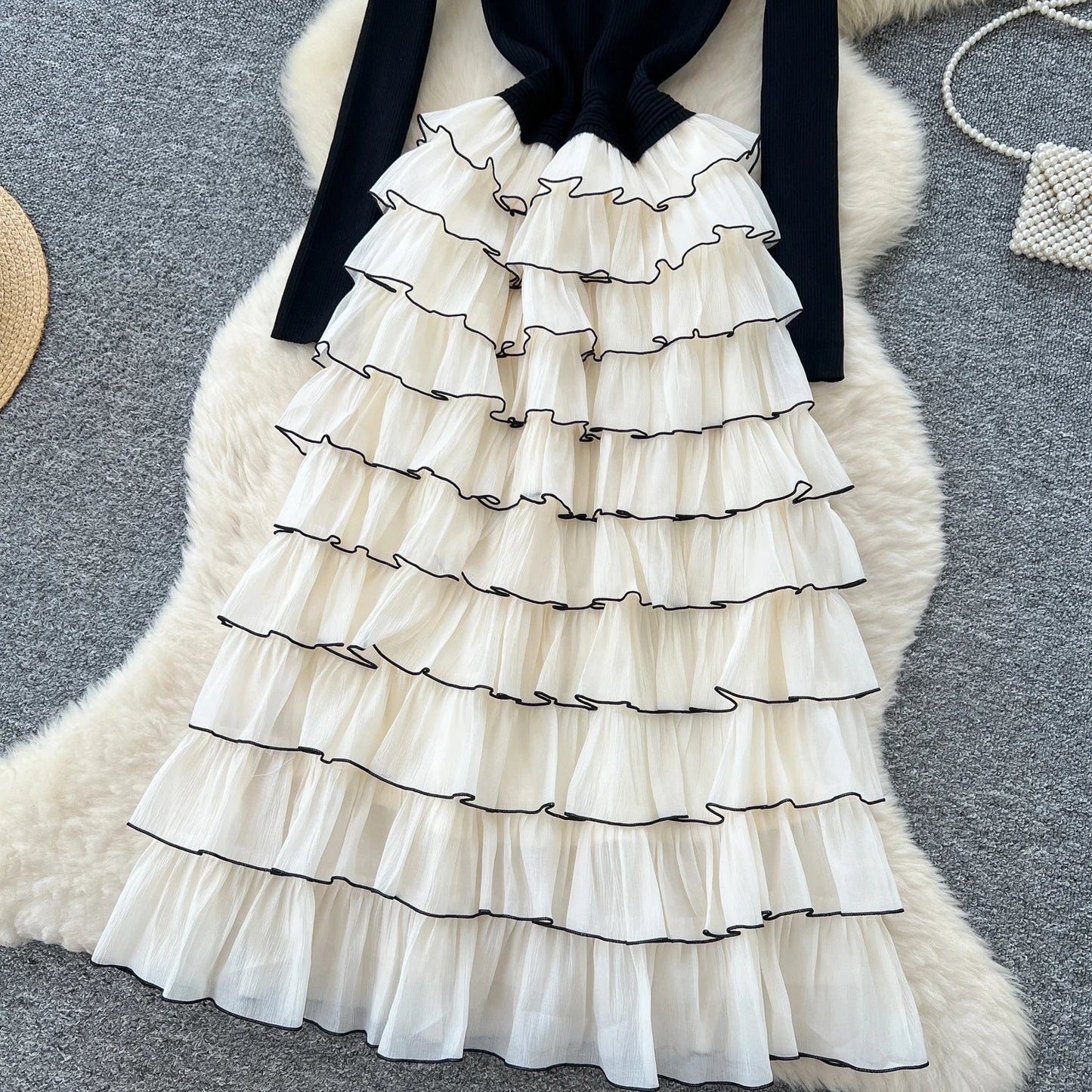 Autumn 3D Floral Spliced Long Dress 2025 Female O Neck Long Sleeves High Quality Slim Luxury Knitted Party Cake Dress