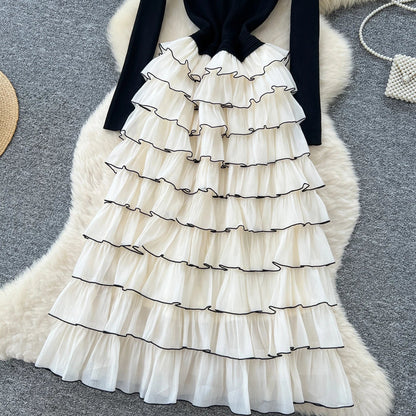 Autumn 3D Floral Spliced Long Dress 2025 Female O Neck Long Sleeves High Quality Slim Luxury Knitted Party Cake Dress