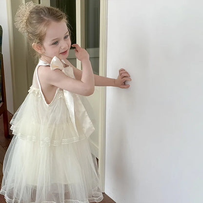 Girls Princess Dress Summer Kids French Sweet Sleeveless Bowknot Tulle Tutu Fluffy Birthday Party Pageant Dresses