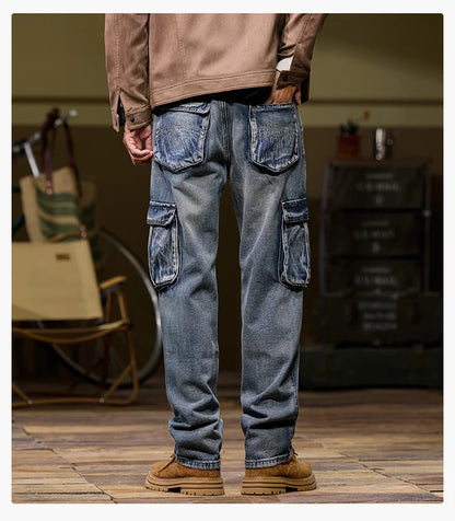 Autumn and winter new styles Men's outdoor multi-pocket cargo jeans Straight loose casual stretch fashion jeans for men