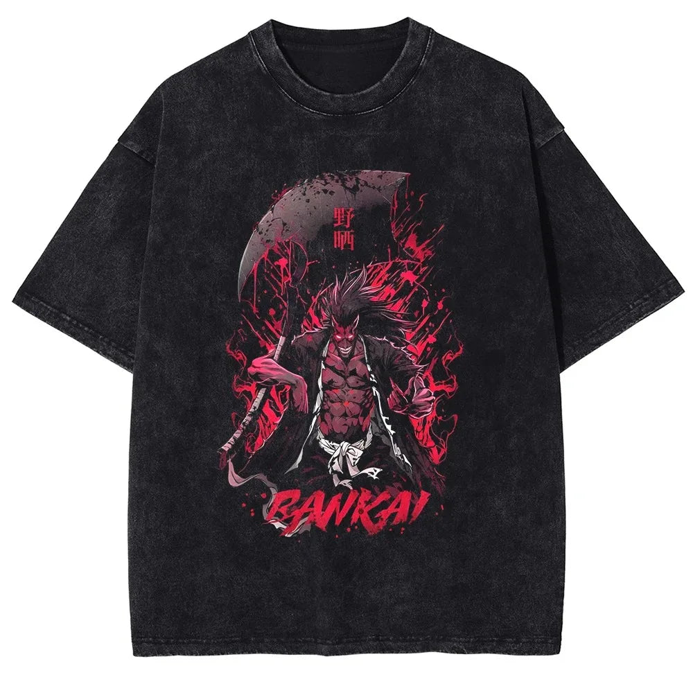 Japan Classic Anime BLEACH Zaraki Kenpachi Print T-shirt Men WomenCasual Tees Vintage Style Cotton Clothing Harajuku Washed Tops